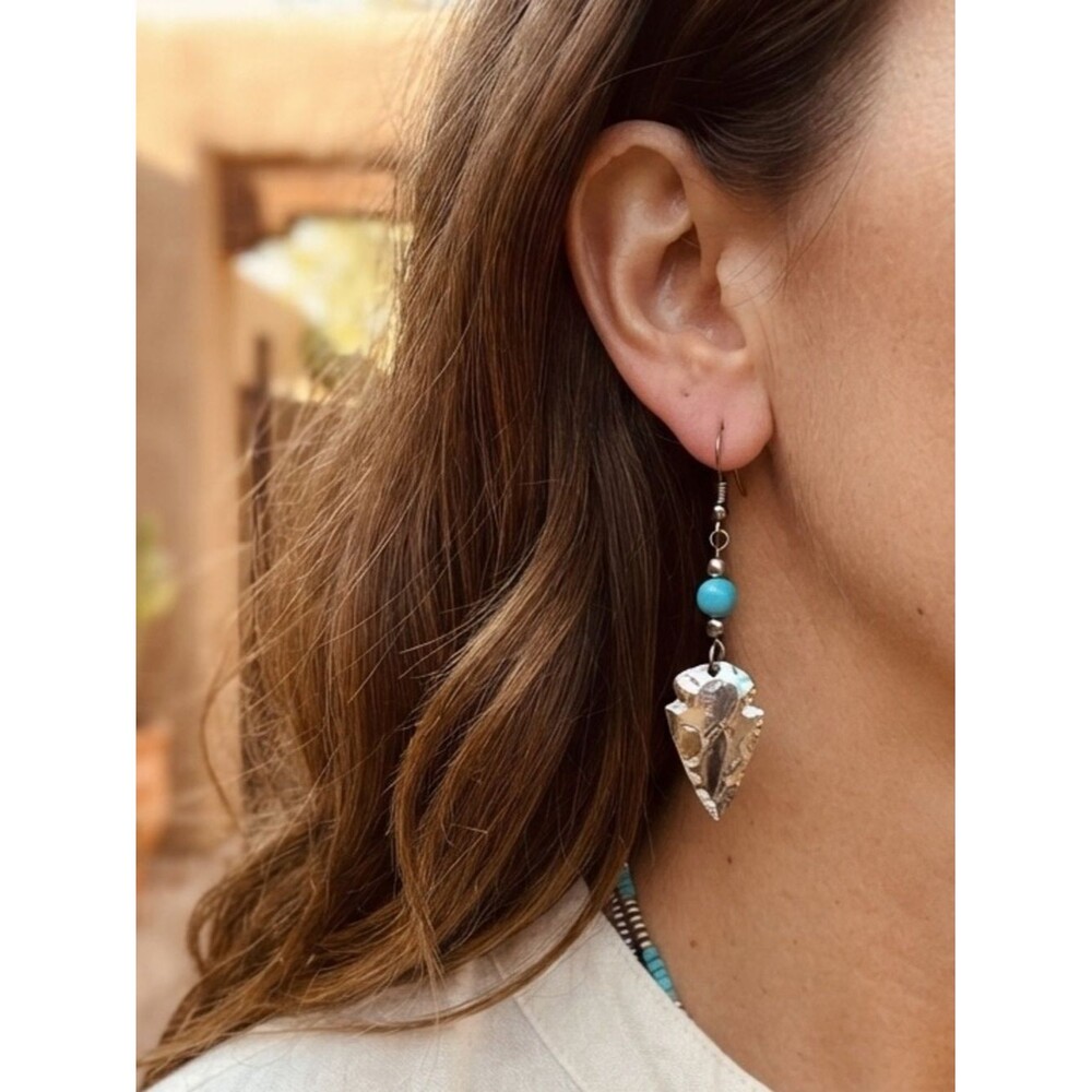 Southwestern Style Arrowhead Dangle Earrings With Turquoise Color Beaded Accents